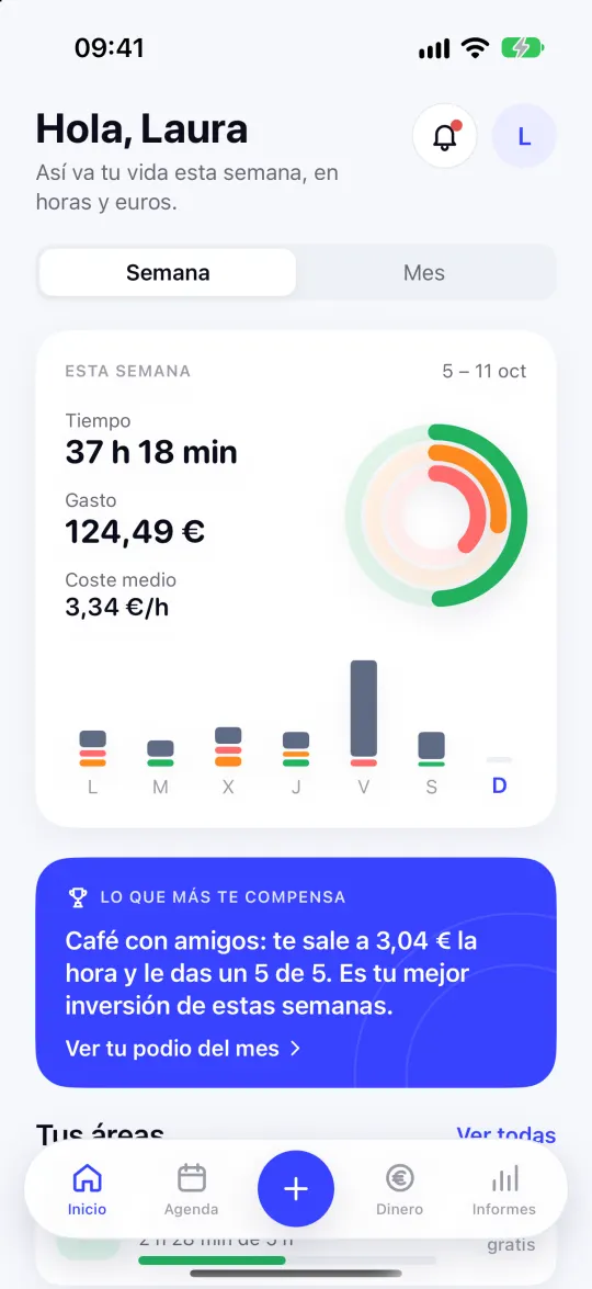 Pantalla de inicio de Kronoro: 37 horas y 124 euros esta semana, con el coste medio por hora y lo que más te compensa