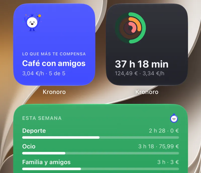 Widgets de Kronoro en la pantalla de inicio del iPhone: lo que más te compensa, las horas de la semana y tus áreas